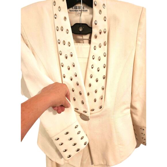 Vintage Chetta B Cream Skirt Suit Silver Grommet Trim Power Blazer & Skirt Sz 8 - Picture 5 of 8